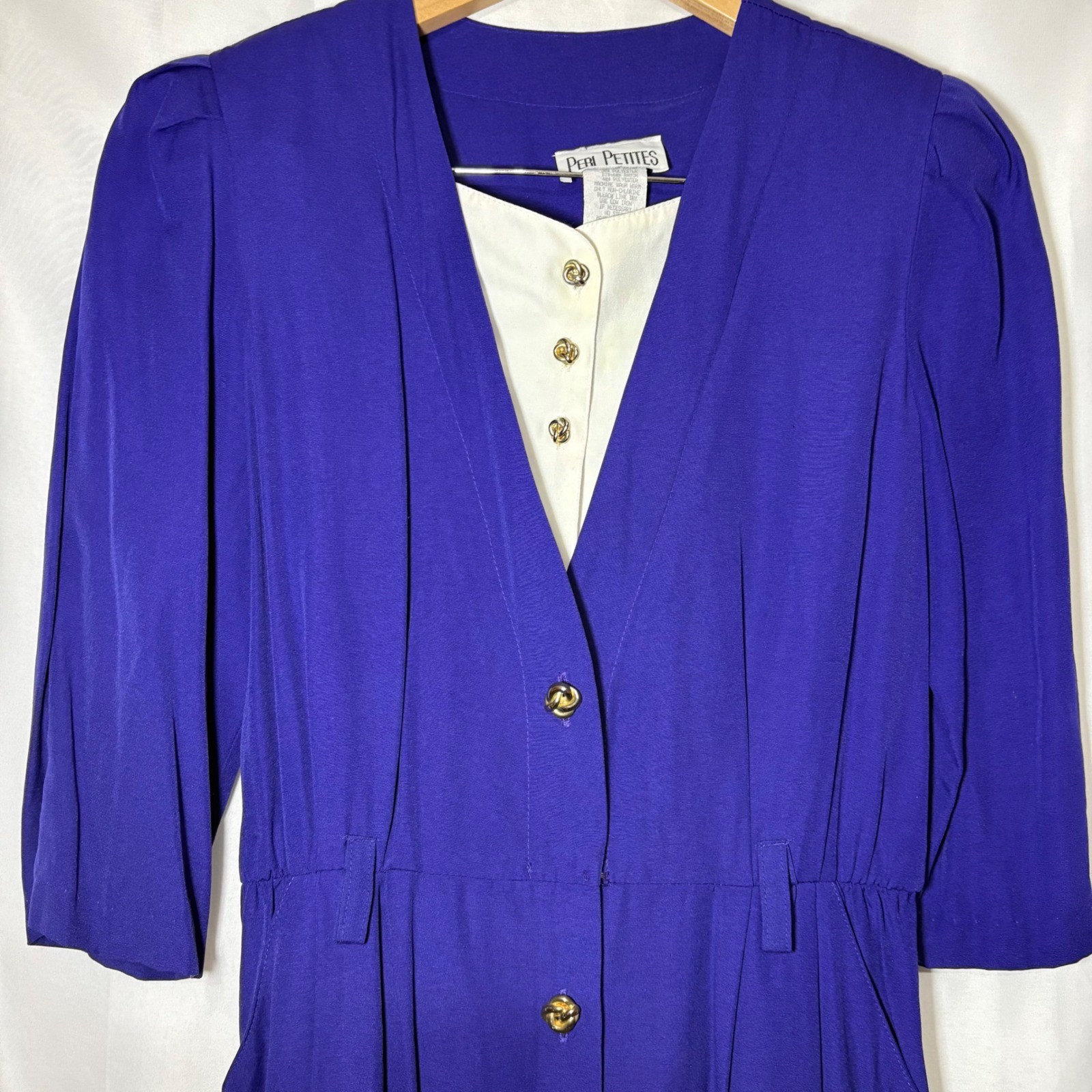 Vintage Peri Petites Blue Midi Dress Gold Knot Buttons 3/4 Sleeve Pockets 10P
