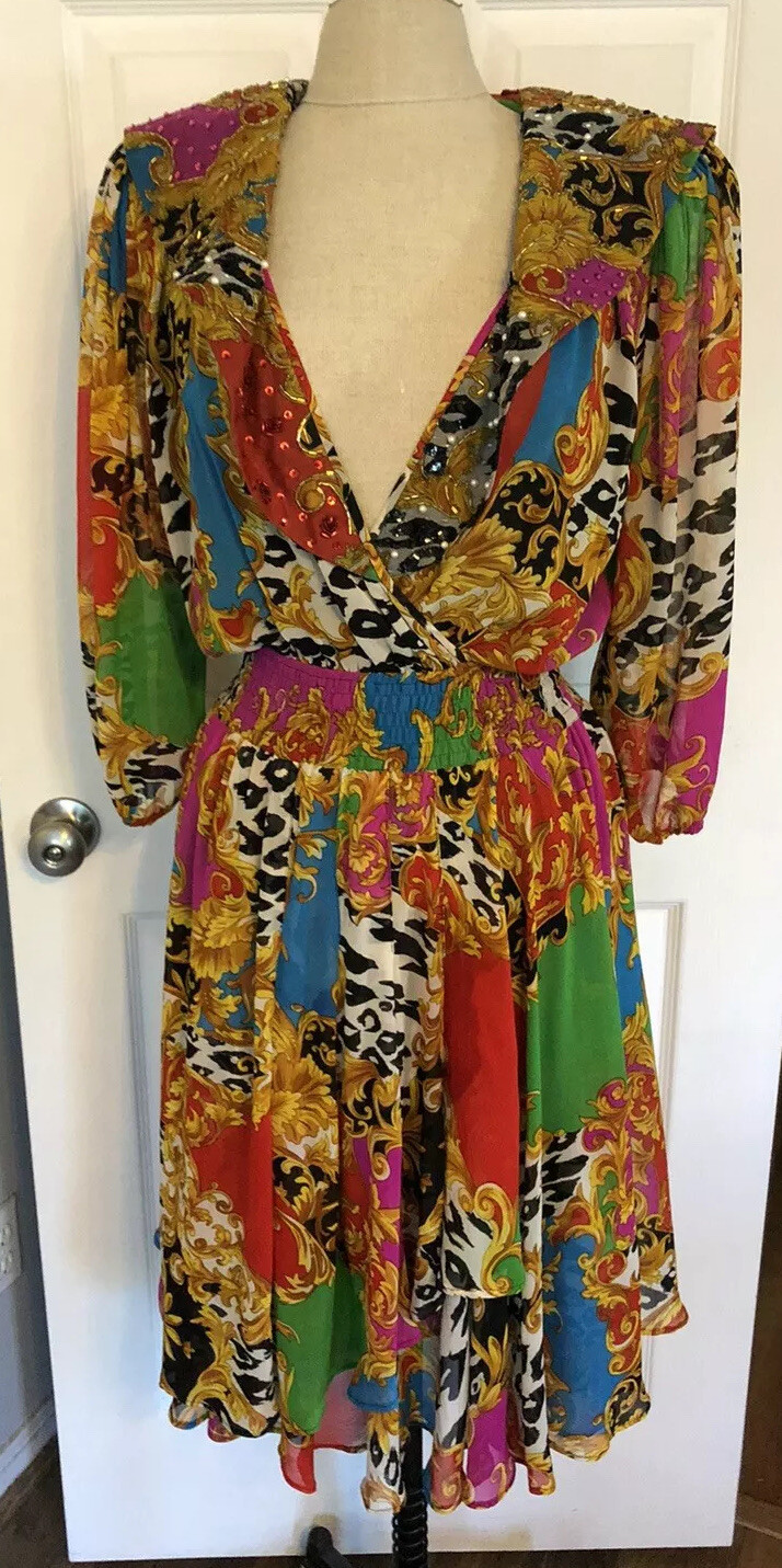 Vintage 80s Diane Freis Beaded Baroque Dress Ruffle Collar Puff Balloon Sleeves