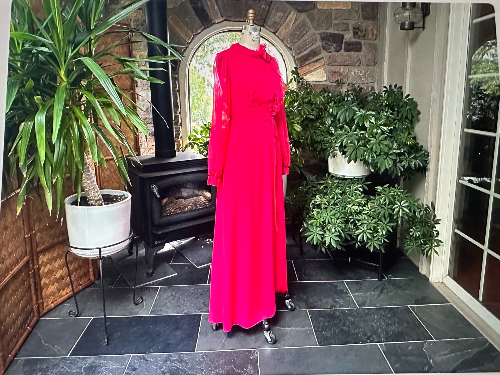 Vintage 1970s Deep Pink Chiffon Bridesmaid Dress Veil Hat House Bianchi Boston