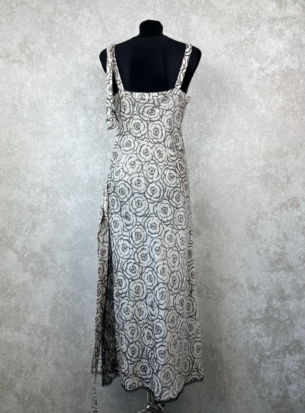 Vintage Gianni Versace Intimo Floral Rose Slip Dress Lace Black White Maxi S