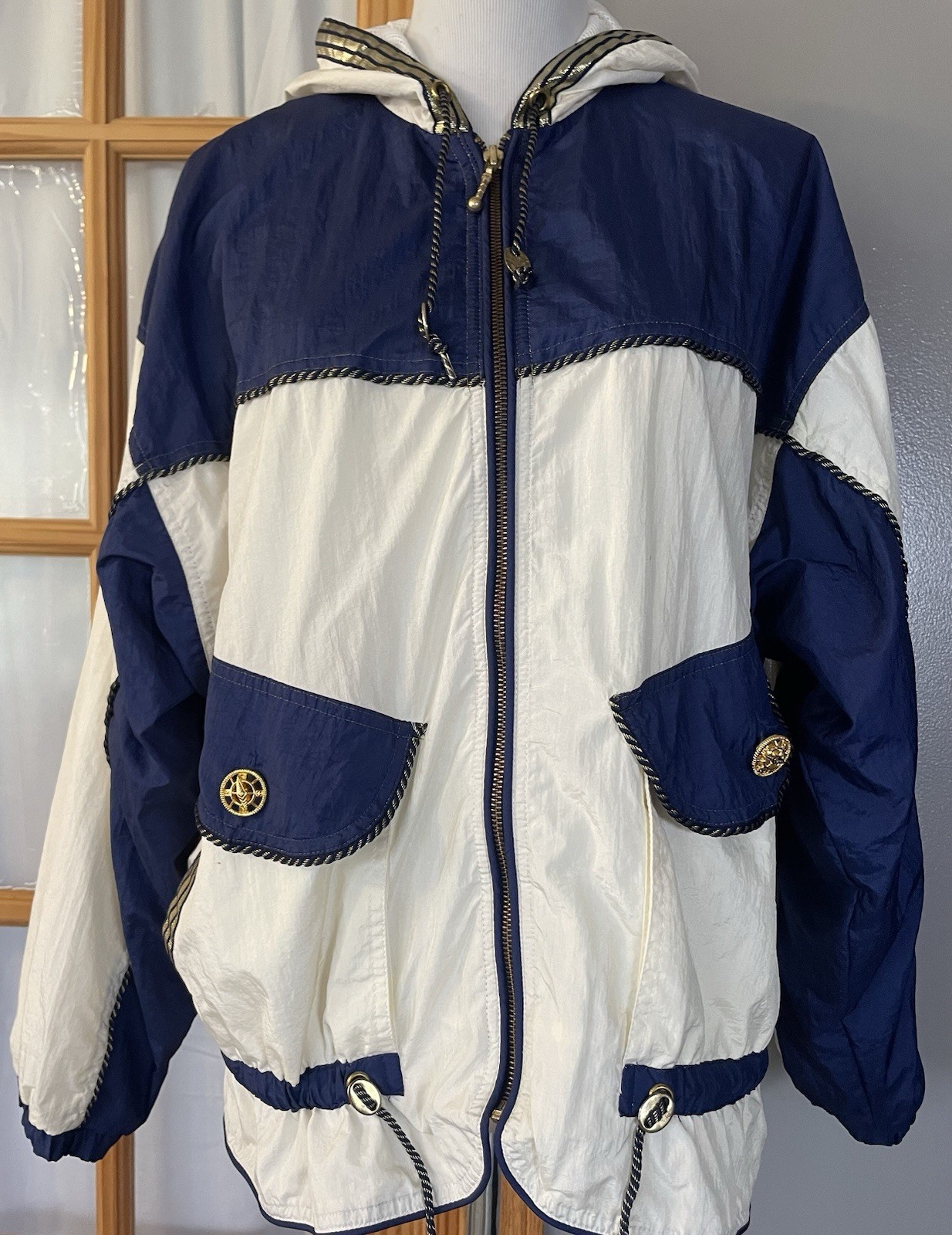 Vtg East West Windbreaker Hooded Jacket Womens M Full Zip Pockets Nautical
