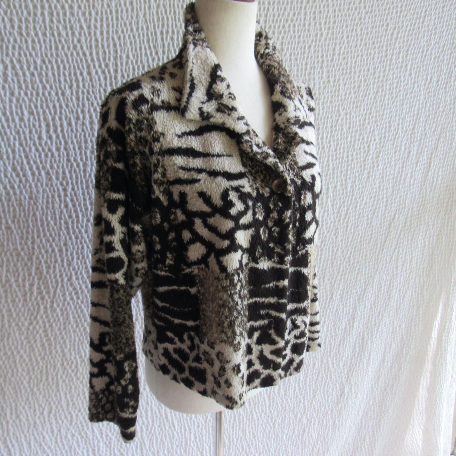 Cache Jacket Animal Print S Lightweight Plush Brown Cream Fuzzy Y2K