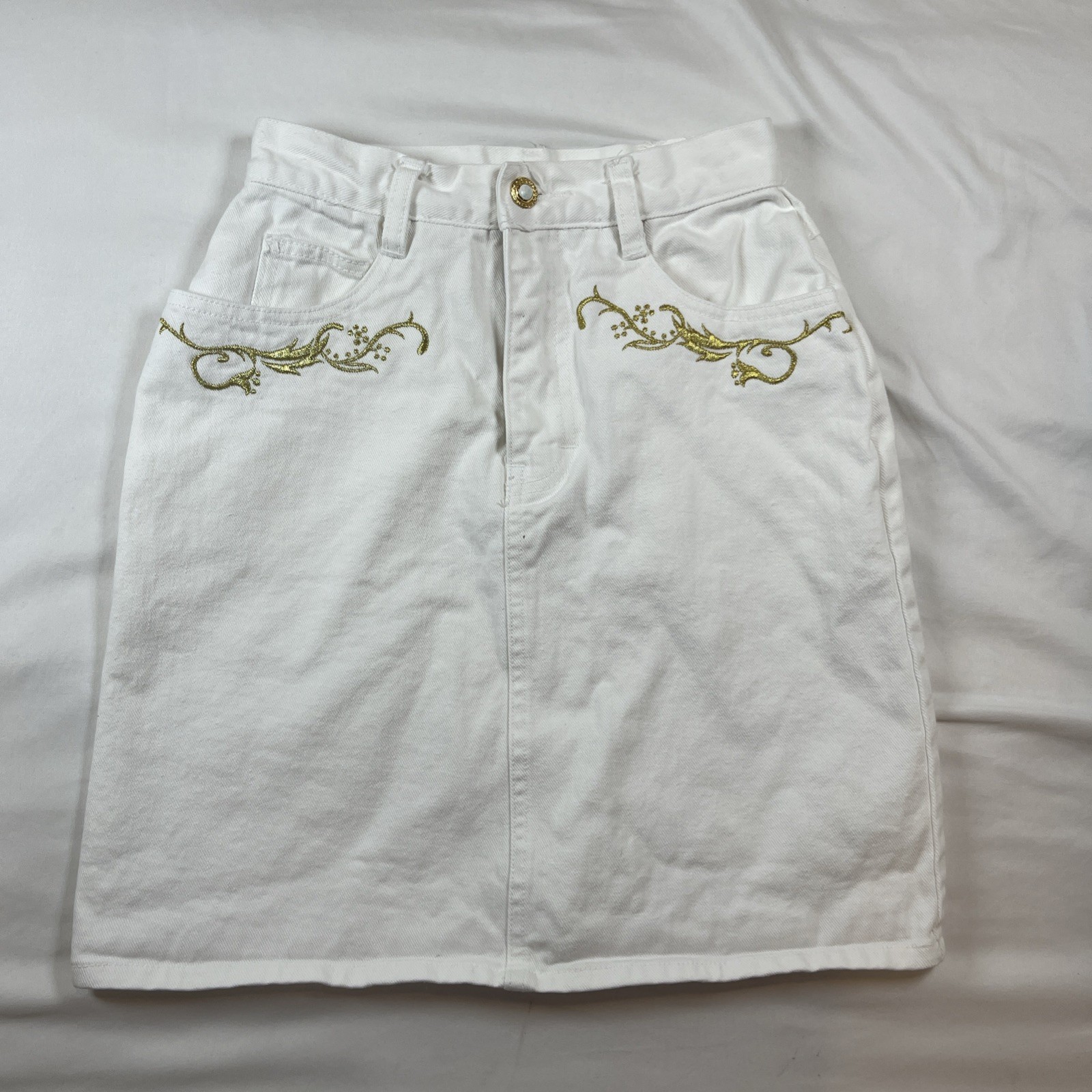 Vintage 80s 90s Jordache Womens Size 3/4 White Denim Pencil Skirt Gold