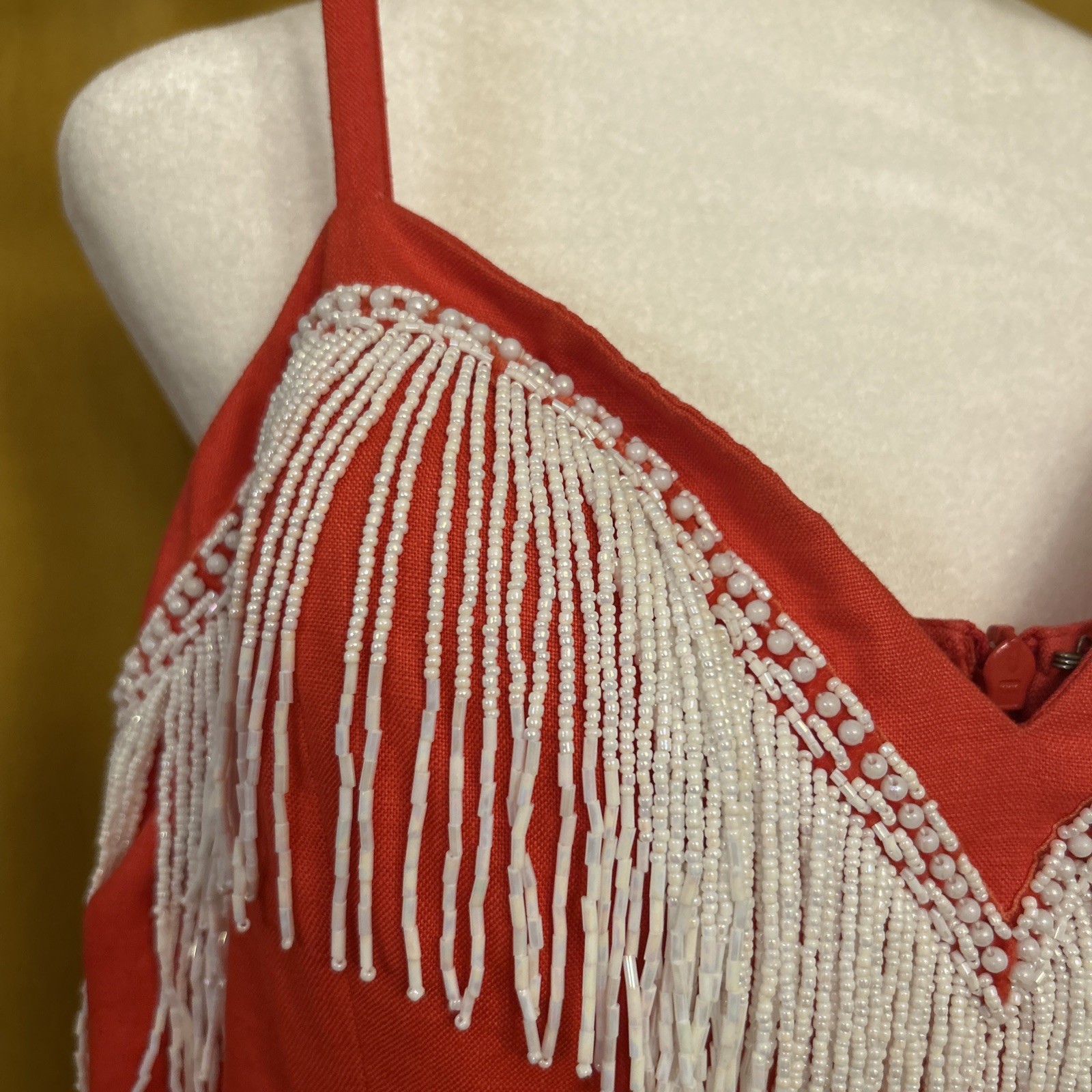 Vintage Pia Rucci Dress Red Linen Short White Beads Fringe Party 10 Medium 6/8