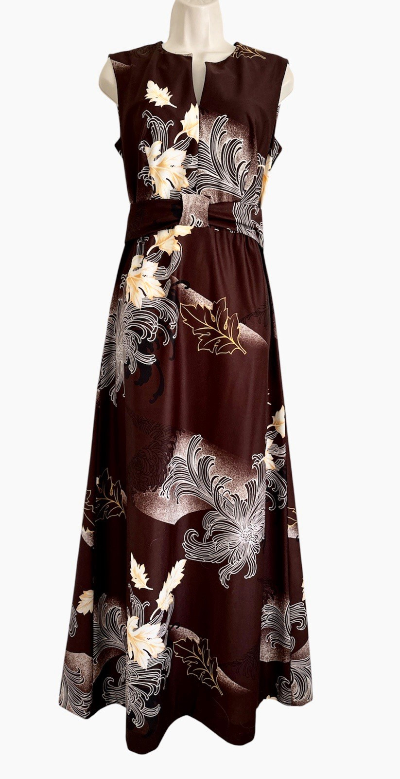 Vintage Tropicana Hawaii Maxi Dress Brown White Floral 8 10 12 M 60s 70s