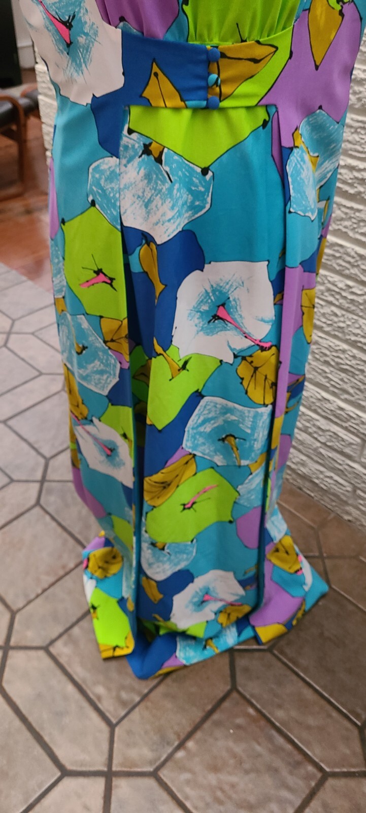 60S ANDRADE ja na WAIKIKI HAWAIIAN Maxi Dress Florals leaves M to L