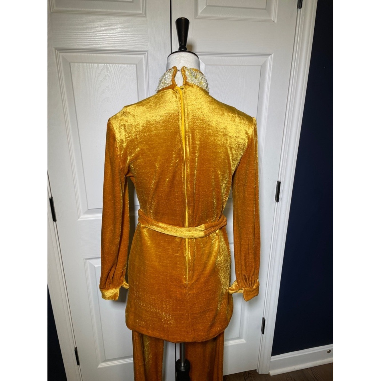Vintage Golden Velvet Two-Piece Set with Embellished Beaded Collar 60s 70s