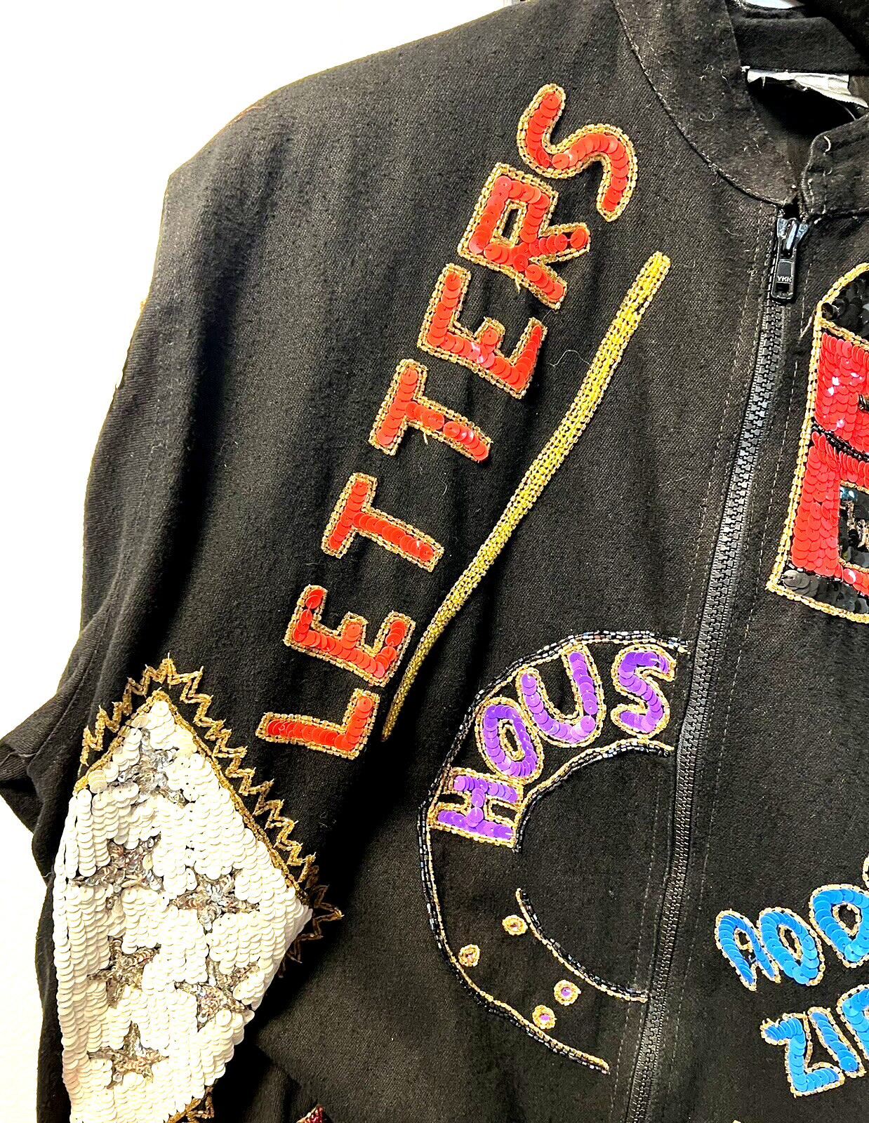 VTG 80’s MODI DENIM – US POSTAGE- Sequin Embellished Bomber Jacket Size 10/12