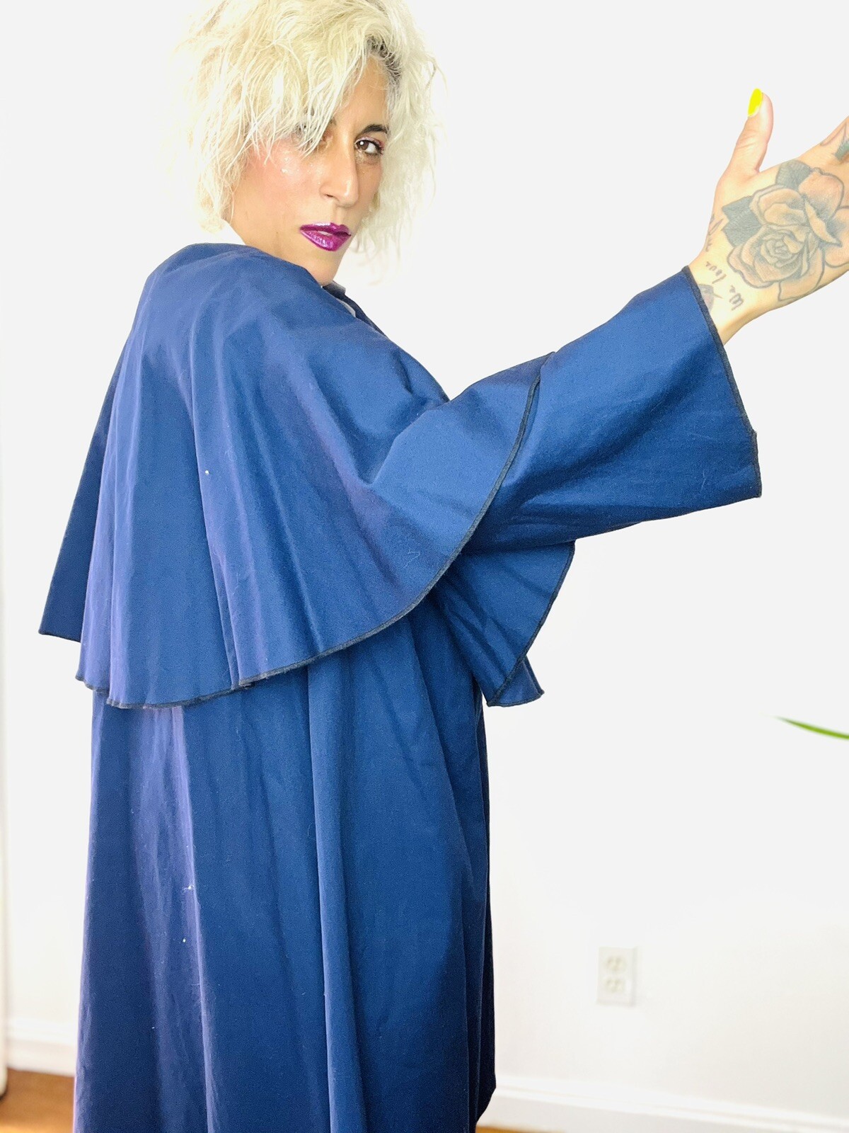 1980’s 80s Cotton Faille Oversized CAPE Peter Pan Collar Vintage Swing Coat L XL