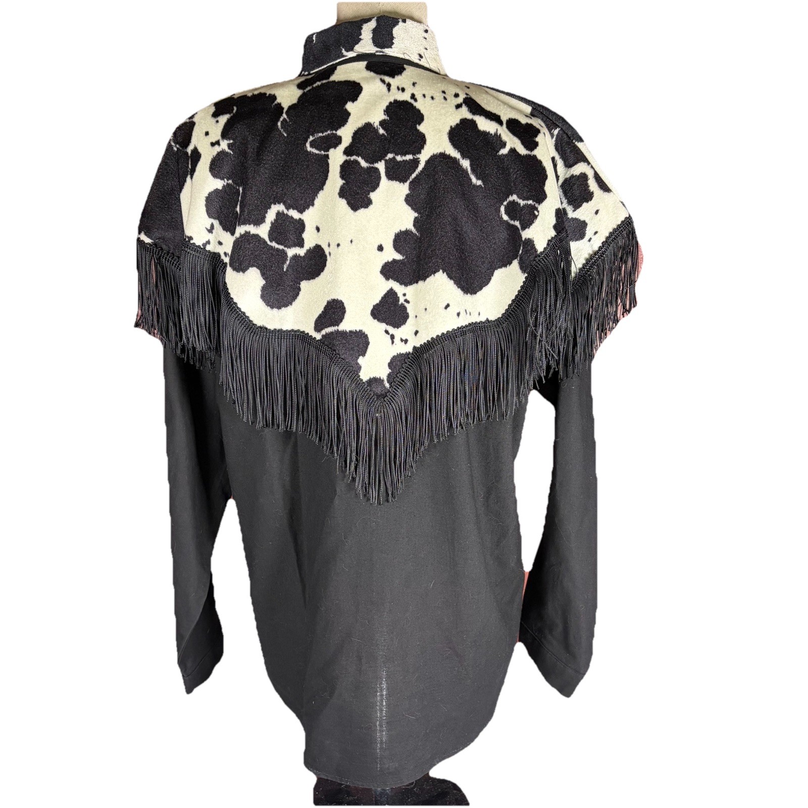 Vtg Sas’sa Western Fringe Cow Print Snap Front Shirt Black Cowhide Yoke Women’s