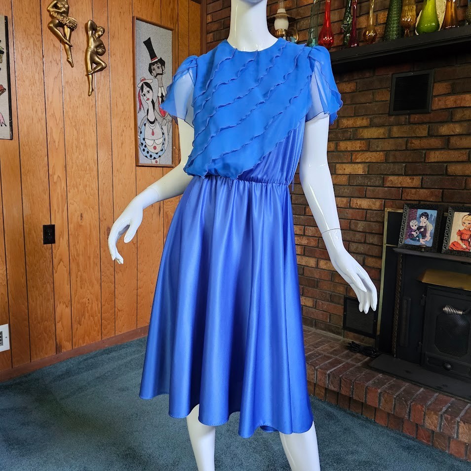 Vtg 80s Disco Liquid Jersey Chiffon Flutter Sleeves Sweeping Dancing Skirt S/M