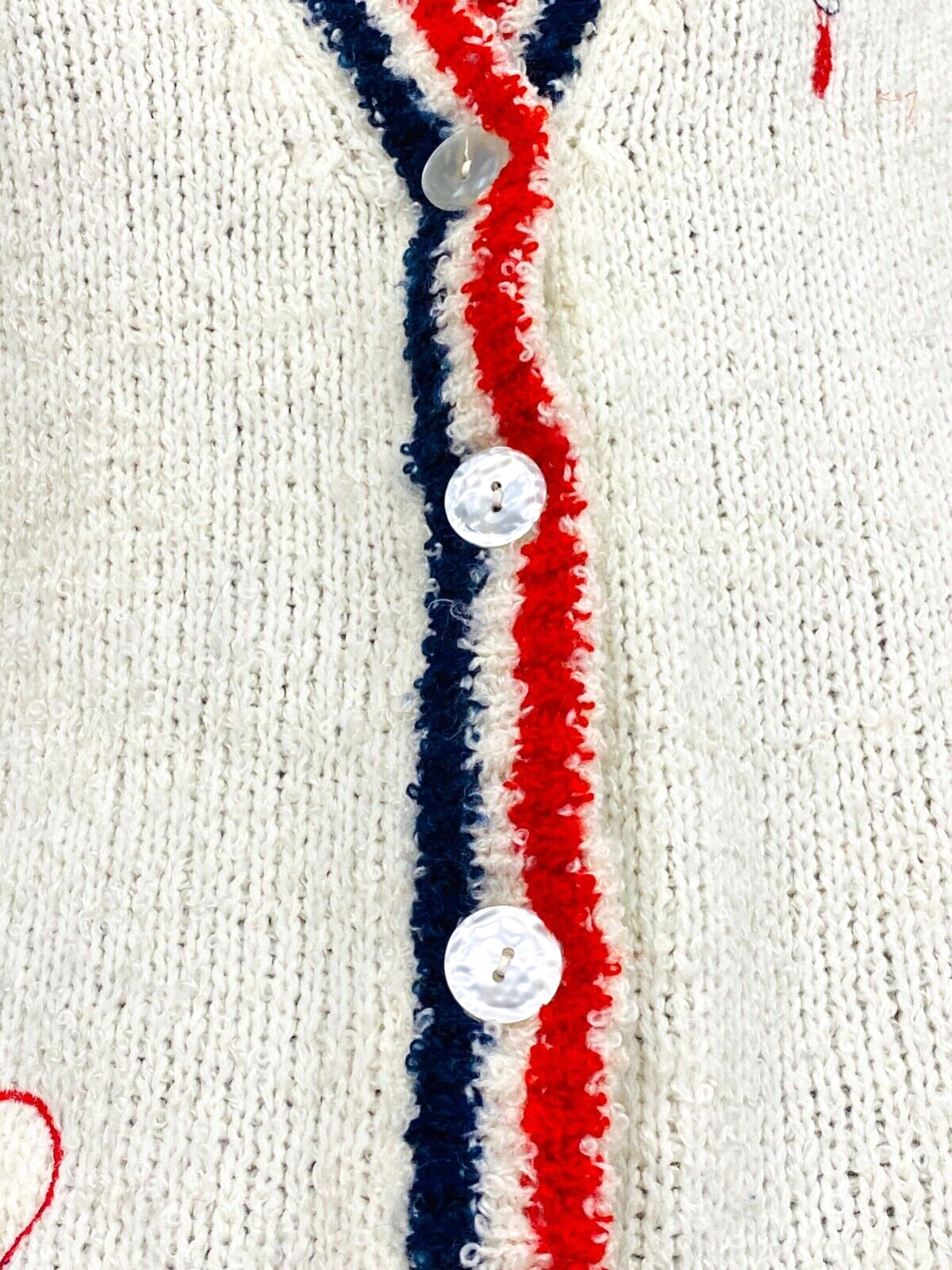 Vintage 1960s white sweater, sporty tennis novelty print cardigan red blue S M