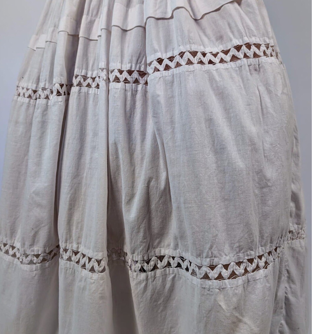 HAND SEWN MID 19TH C WHITE  PETTICOAT SKIRT W SAWTOOTH INSERTION & HEART LACE 