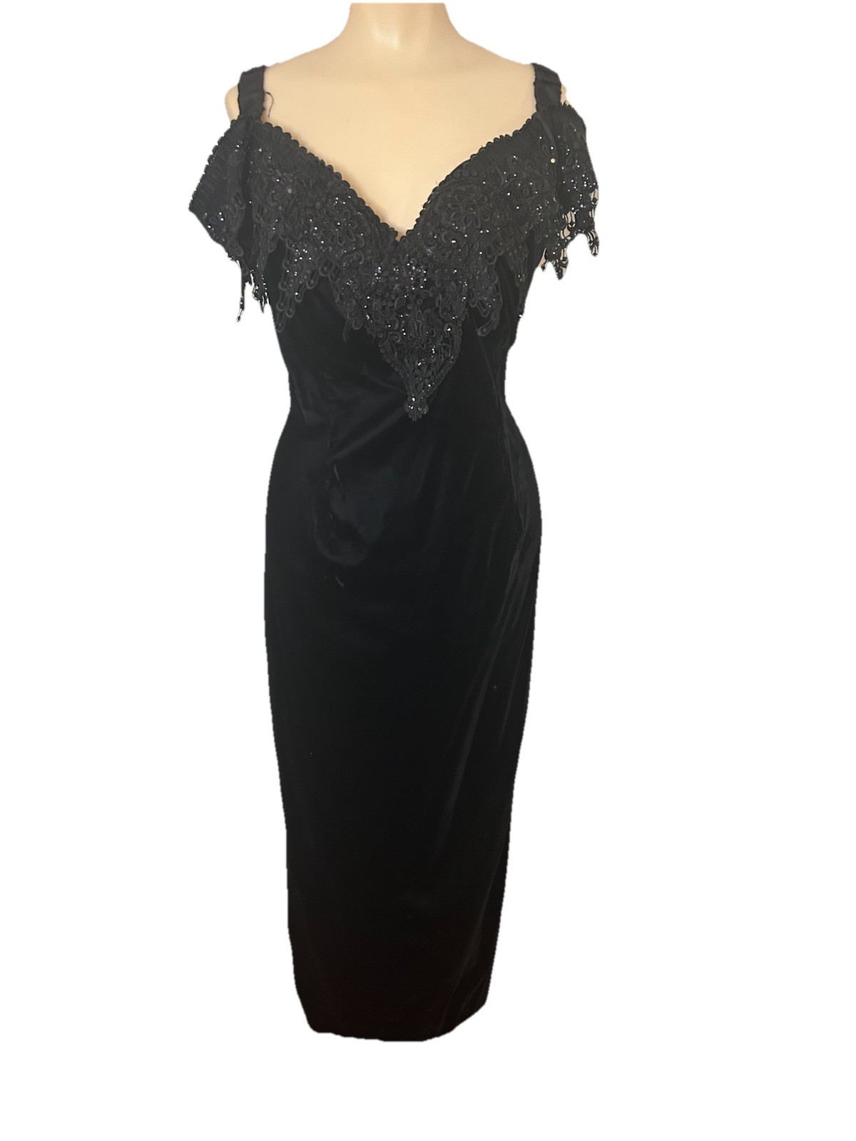VTG Loralie 80s 90s Evening Gown Dress Beaded Sequin Lace Velvet Goth Black 16