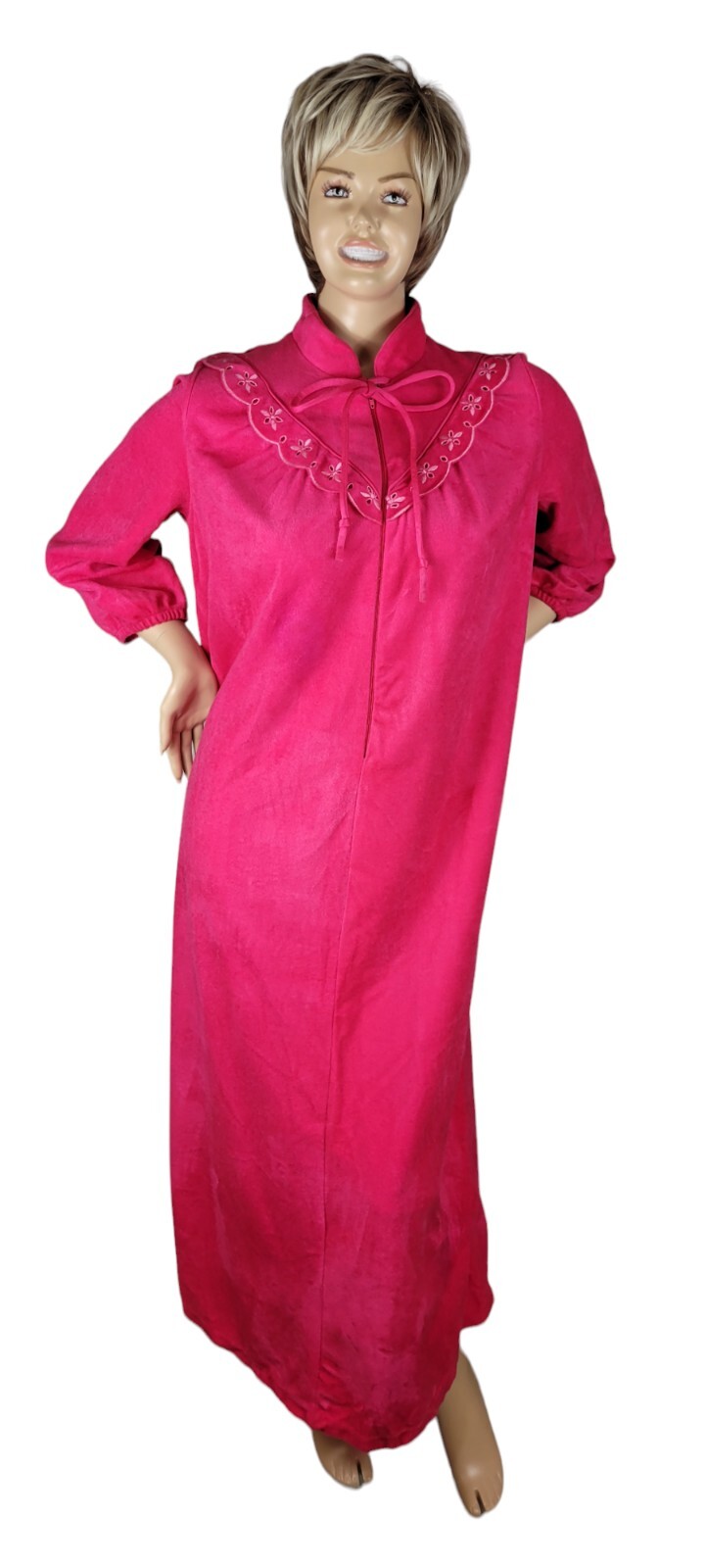 Vintage Plaza 9 Madison Avenue Hot Pink 3/4 Zip Robe House Coat Collar Bow Sz L