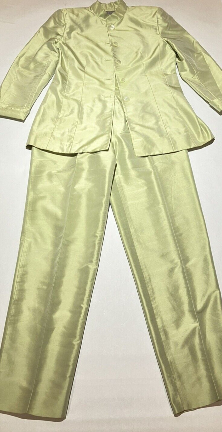 kate hill lime green shoulder pads two piece silk womens suit size 6top/4pants