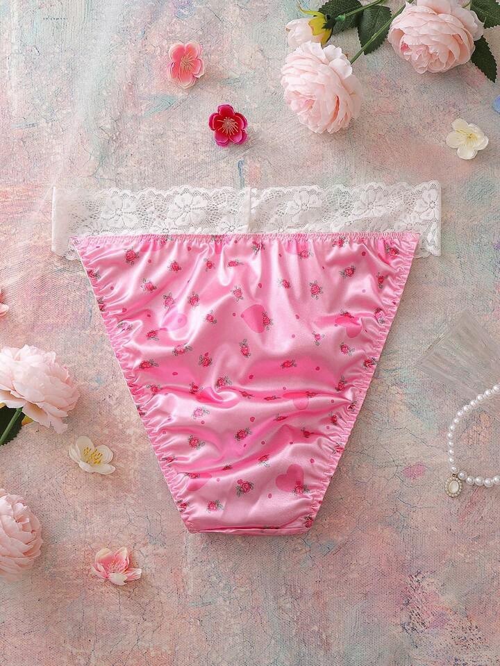 Glossy Pink Floral 2nd Skin Satin Lace Waistband Hi-Cut Rio Panties XL NEW