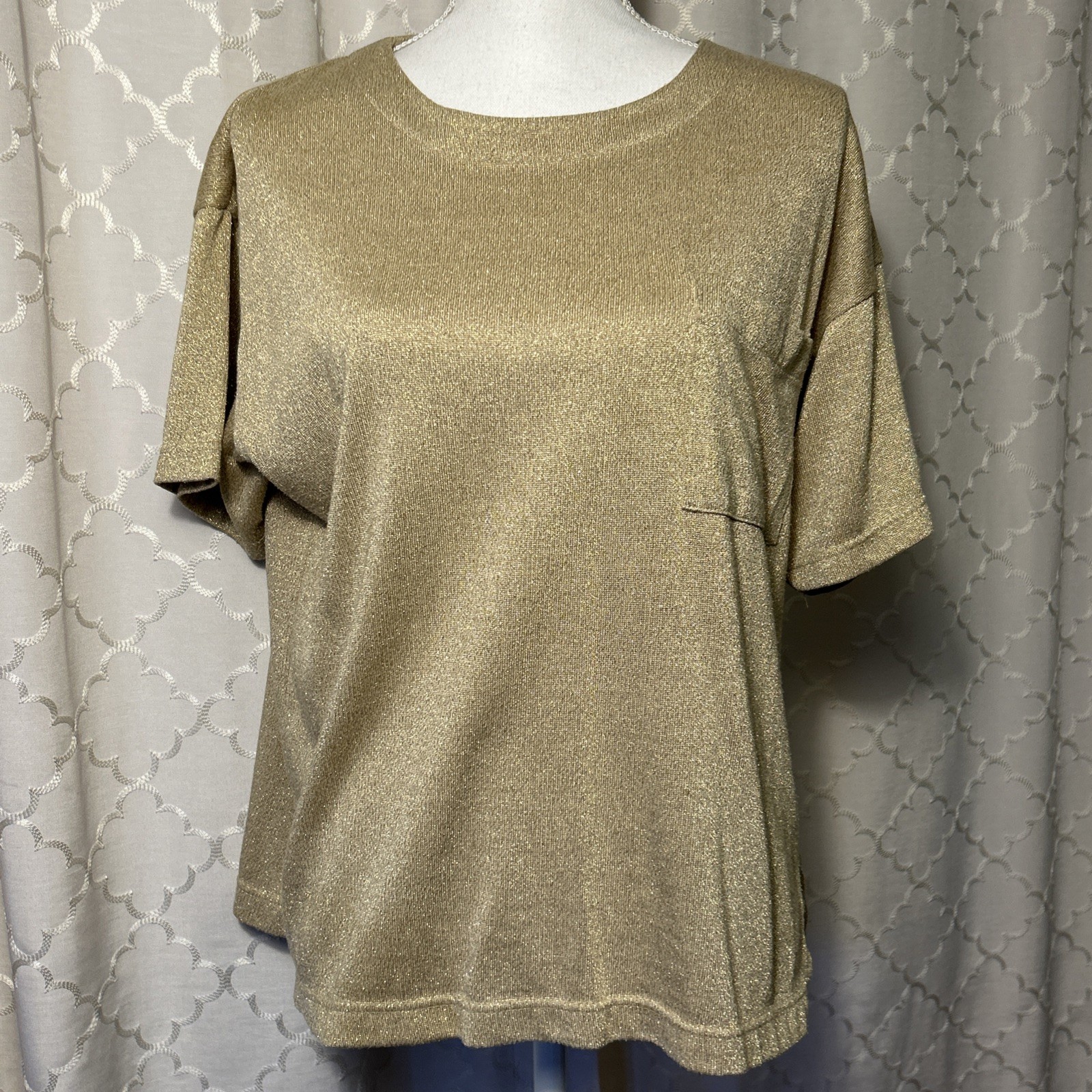 Bob Mackie Studio Shirt Womens Small Gold Metallic Short Sleeve Top Holiday