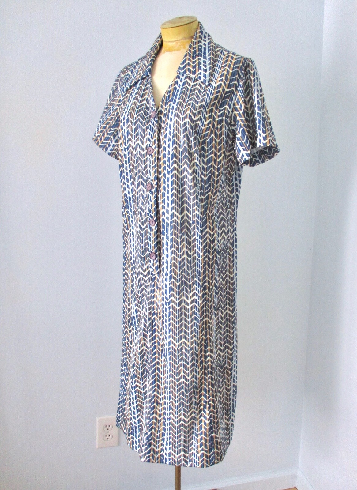 Vtg 60s 70s Blue Beige ZigZag Stripe Poly Knit Sheath Shirt Day Dress Sz 20