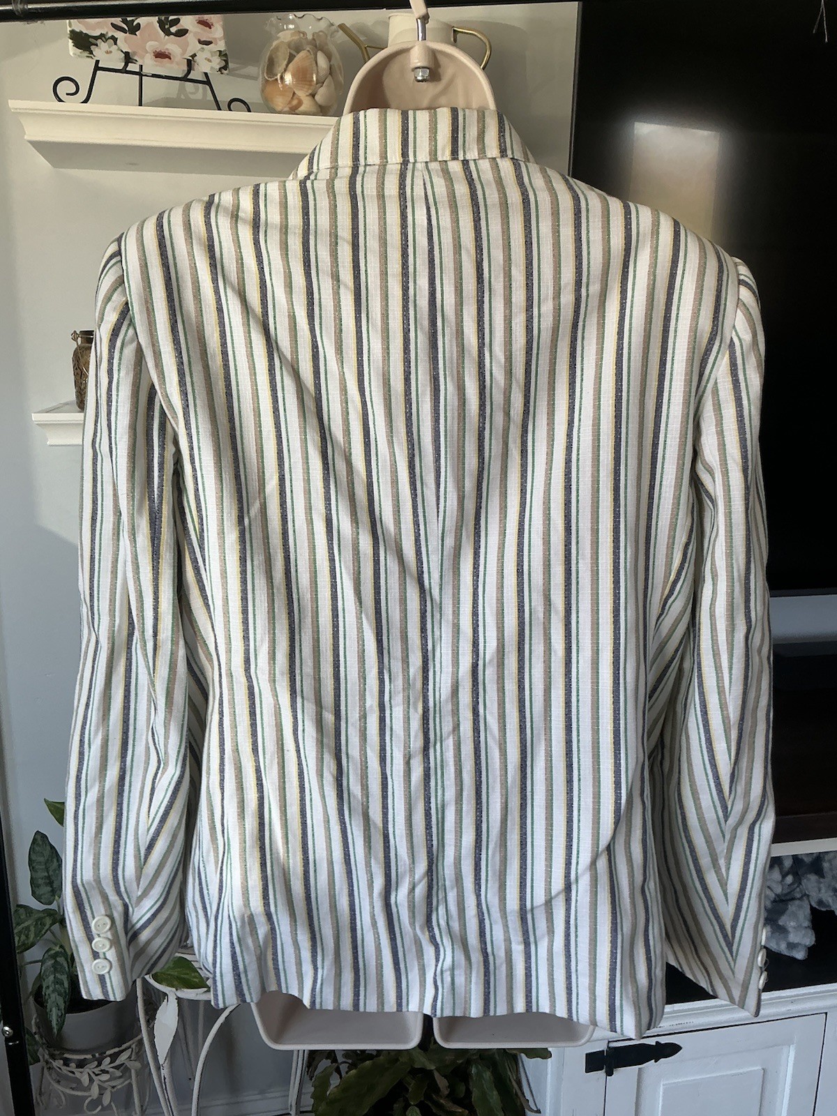 VTG WOMEN’S CREAM Blue Green Yellow STRIPED BLAZER JACKET BARCLAY SQUARE SZ 16