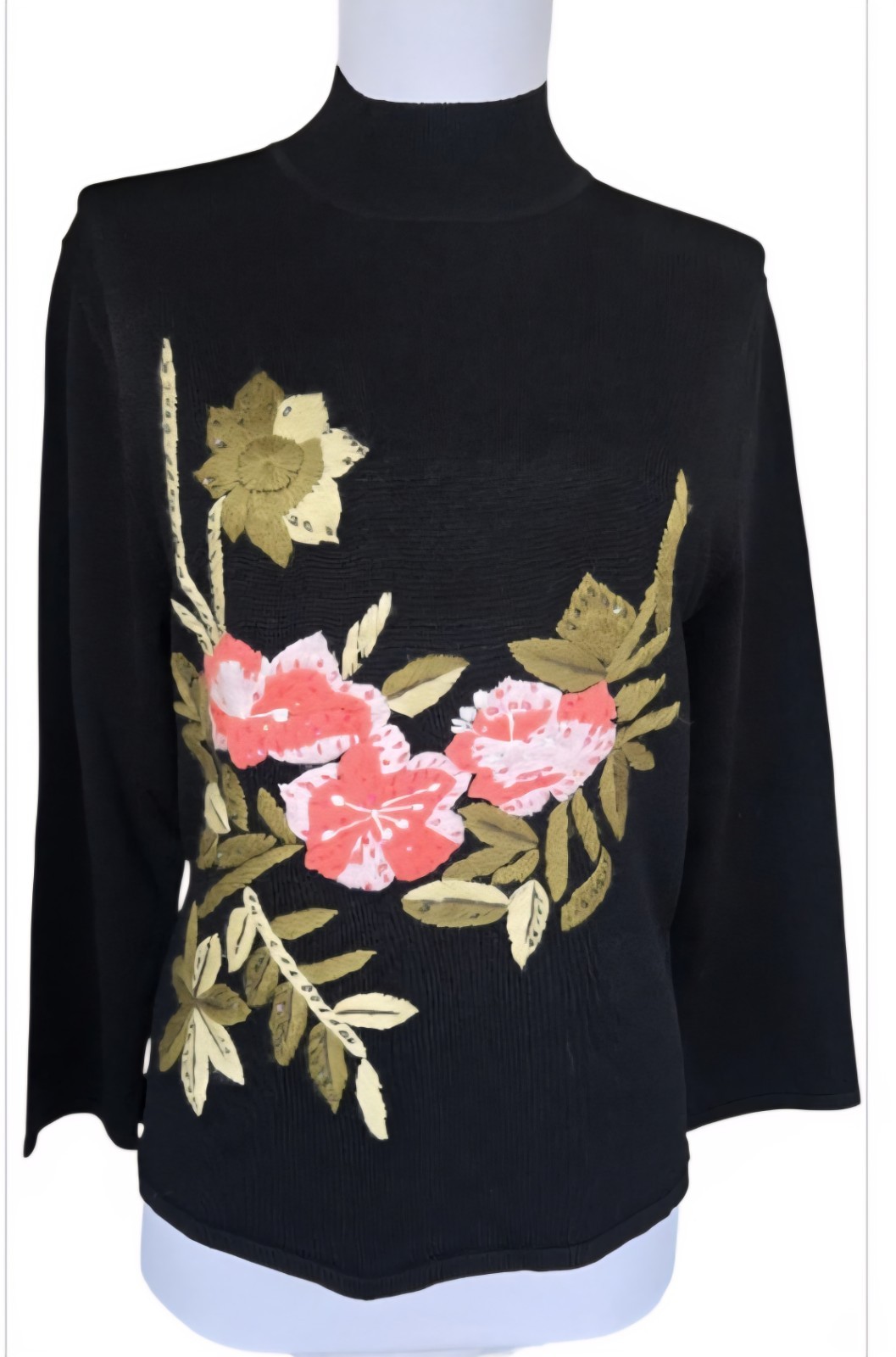 1990s CABO Emb Floral Sequined High Neck Knit Rayon Nylon Spandex Sweater Sz XL