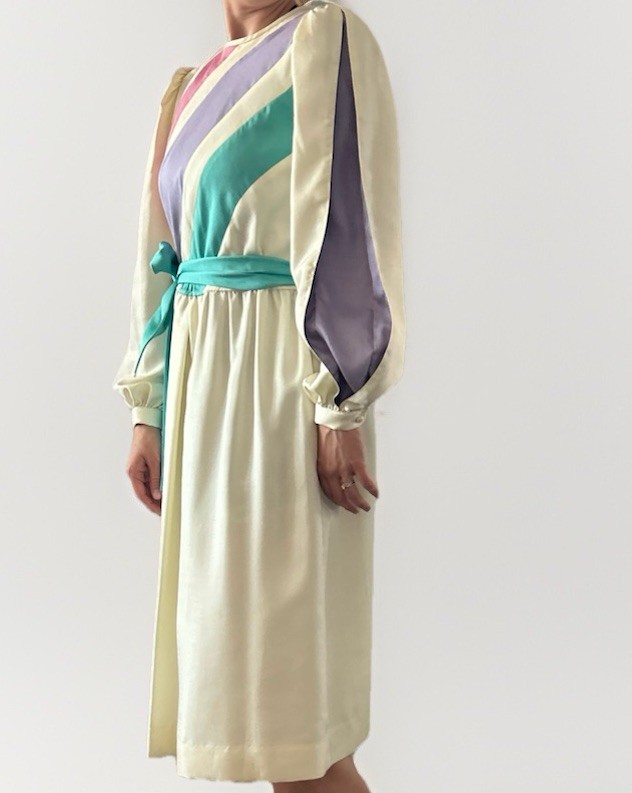 Vintage Multicolor Pastel Striped Long Sleeve Belted Dress Size 10 Easter