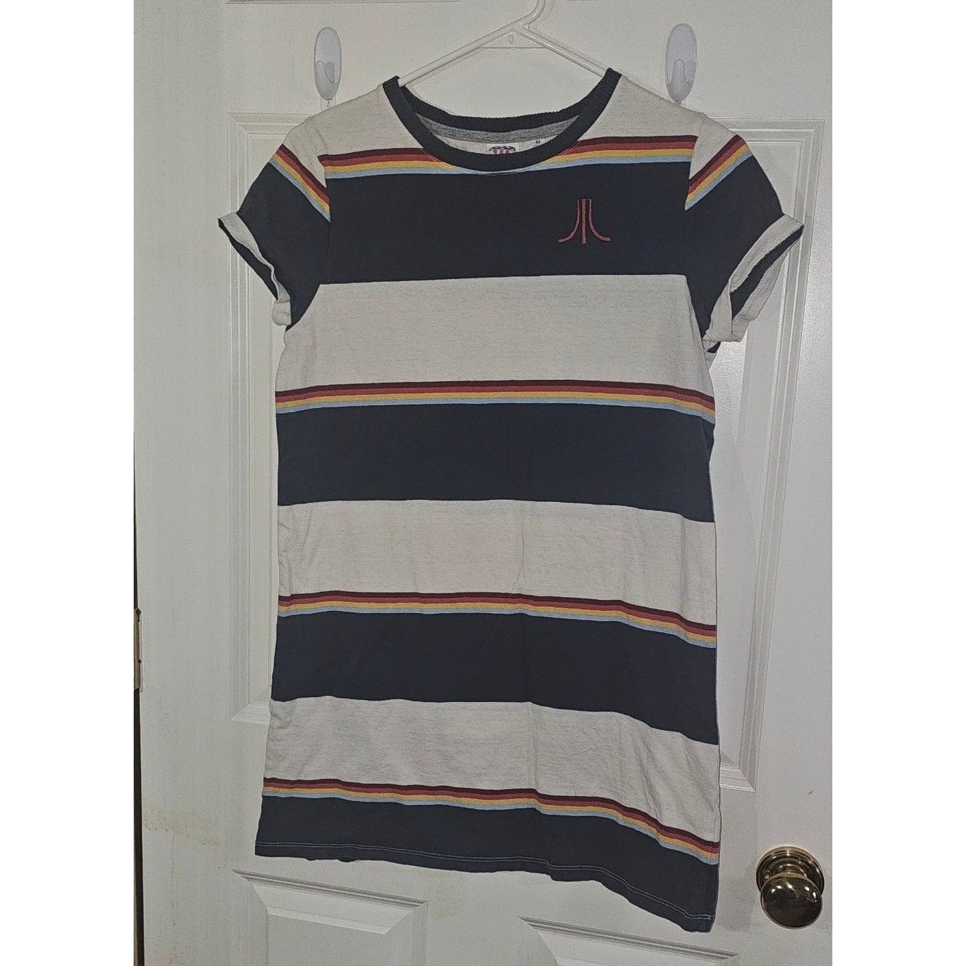 Junk Food Atari Striped T-Shirt Dress Navy White Rainbow Retro Logo Womens Med