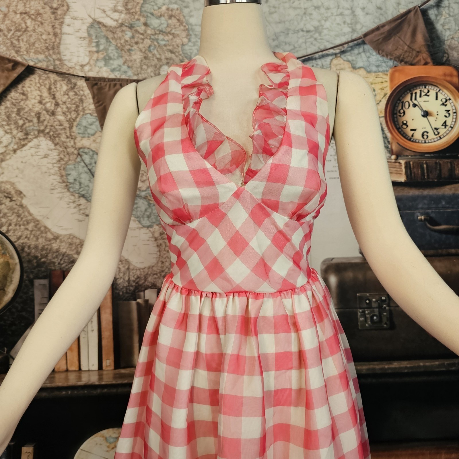 Vintage 1970s Maxi Dress Sundress Pink and White Gingam Check Ruffled V-Neck