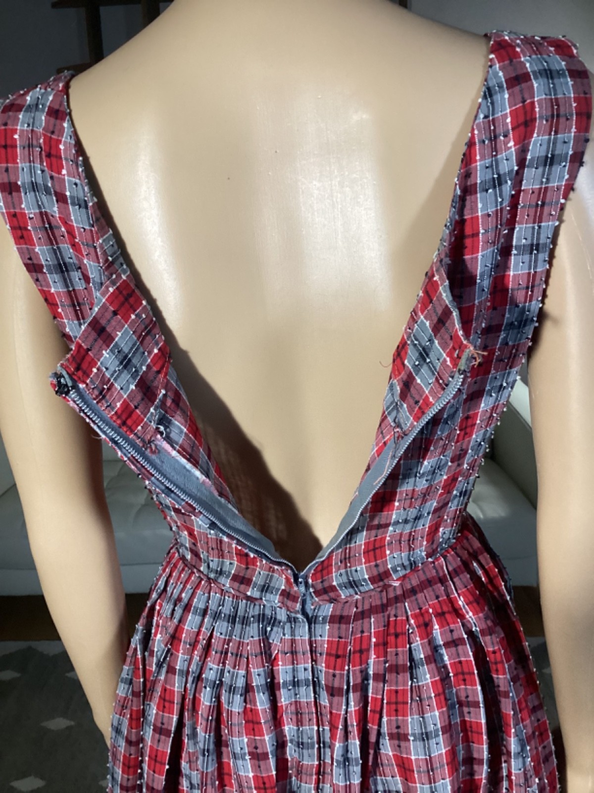 Vintage 1950s Plaid Nubby Sleeveless Day Dress Red Gray Rockabilly
