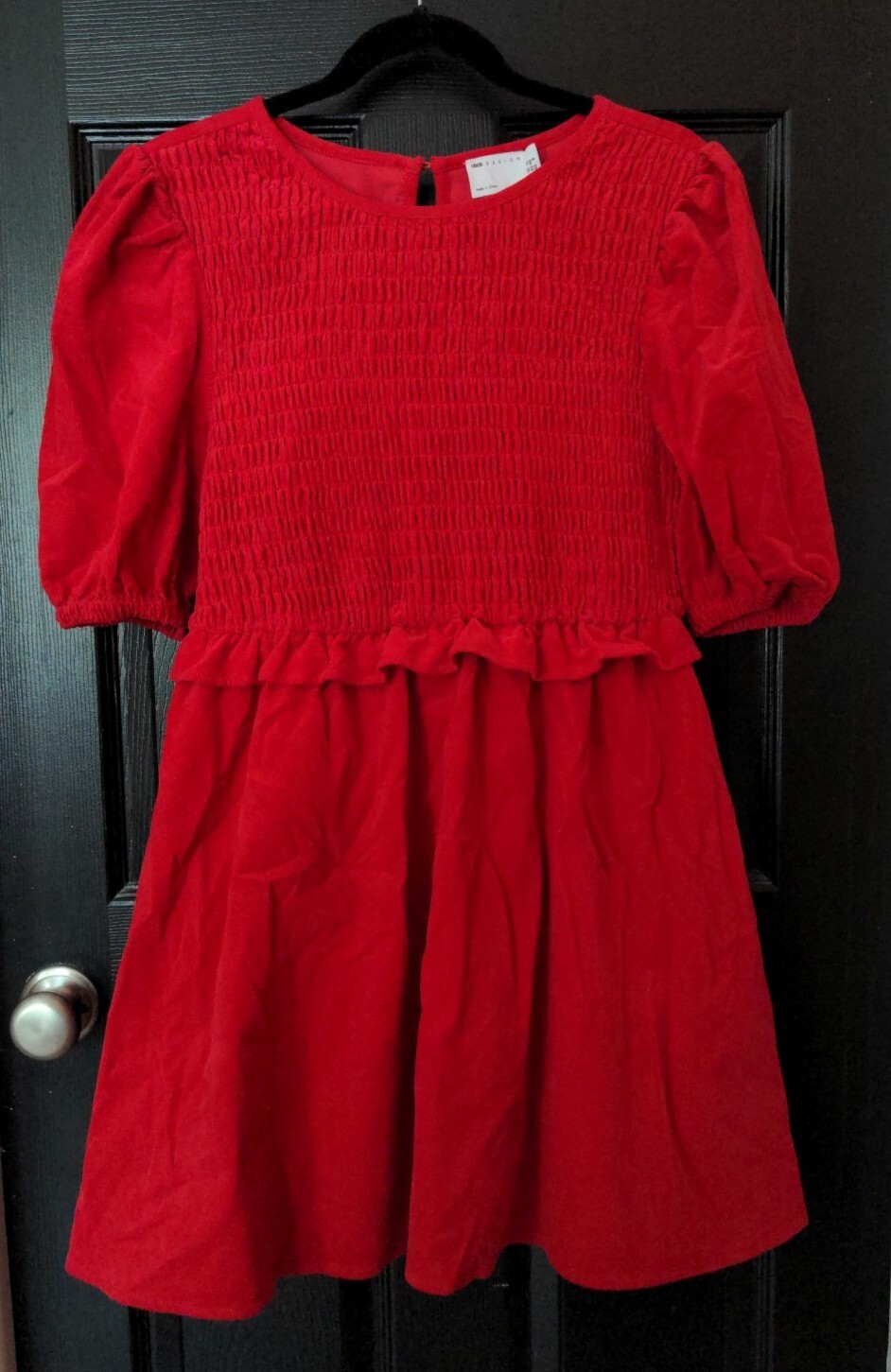 ASOS Design US 8 10 M/L Smocked Puff Sleeve Red Corduroy Cotton Dress
