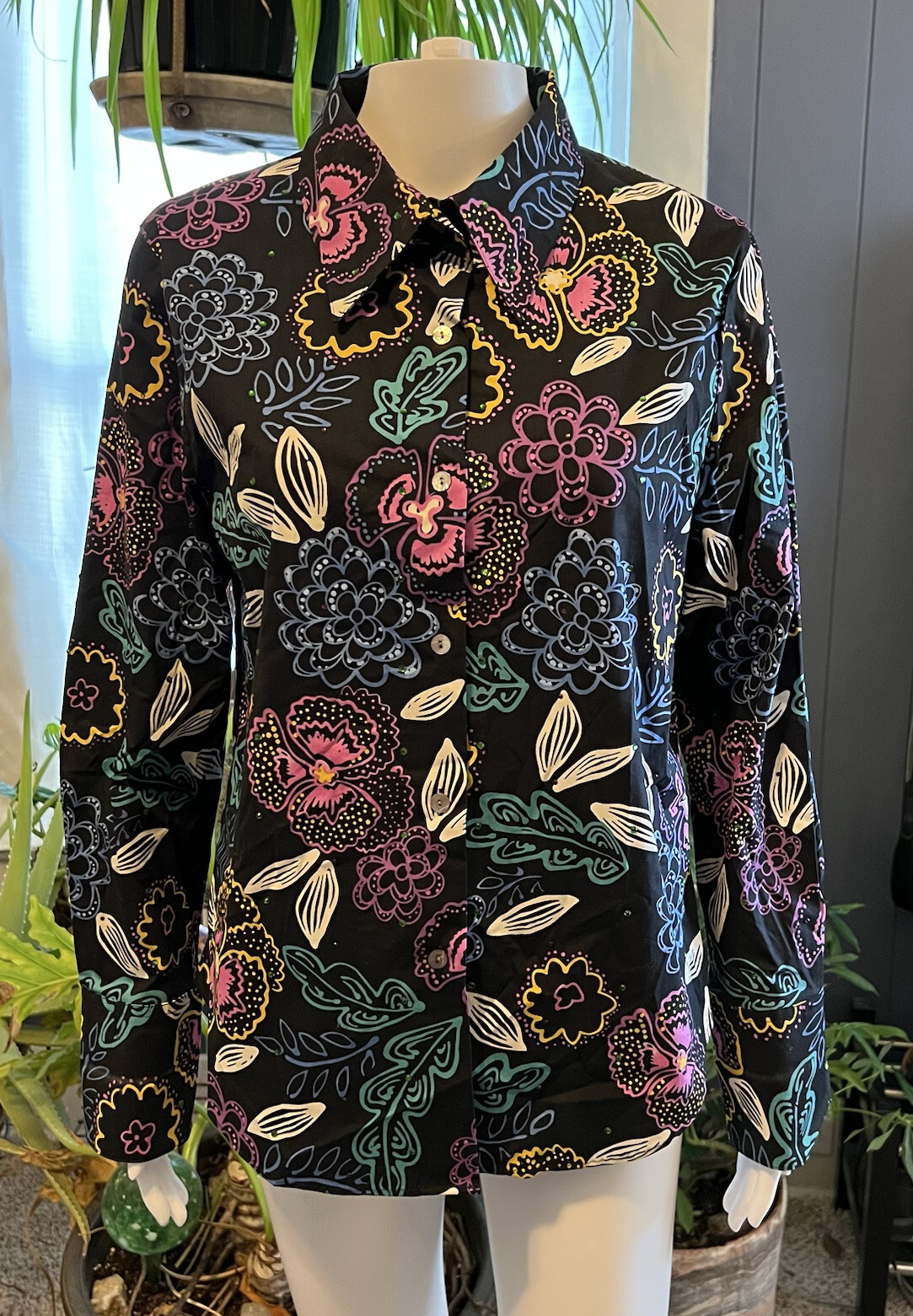 Vintage Floral Plants Black Multicolored Button Shirt 80s 90s Groovy 8