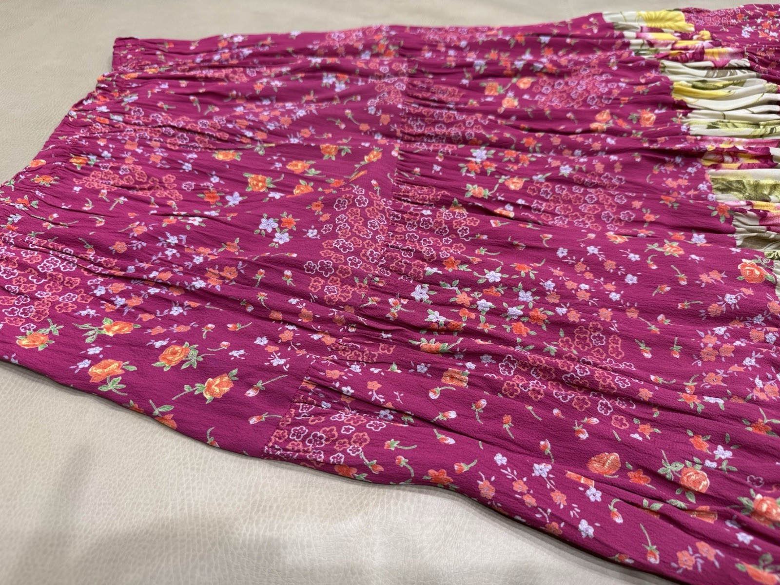 Vtg MyBoyfriendsBack Santa Monica,CA, Floral Skirt.patch Work Pink Ruffles SzM