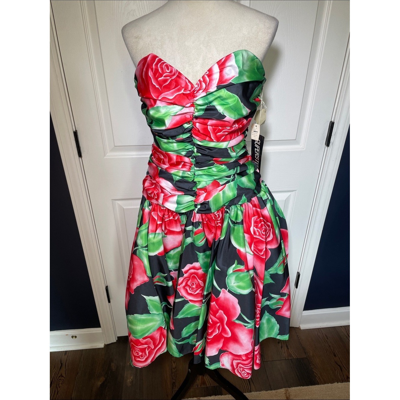 NWT Vintage 80a Superstition Strapless Rose-Print Midi Dress Red Green Black Sz8