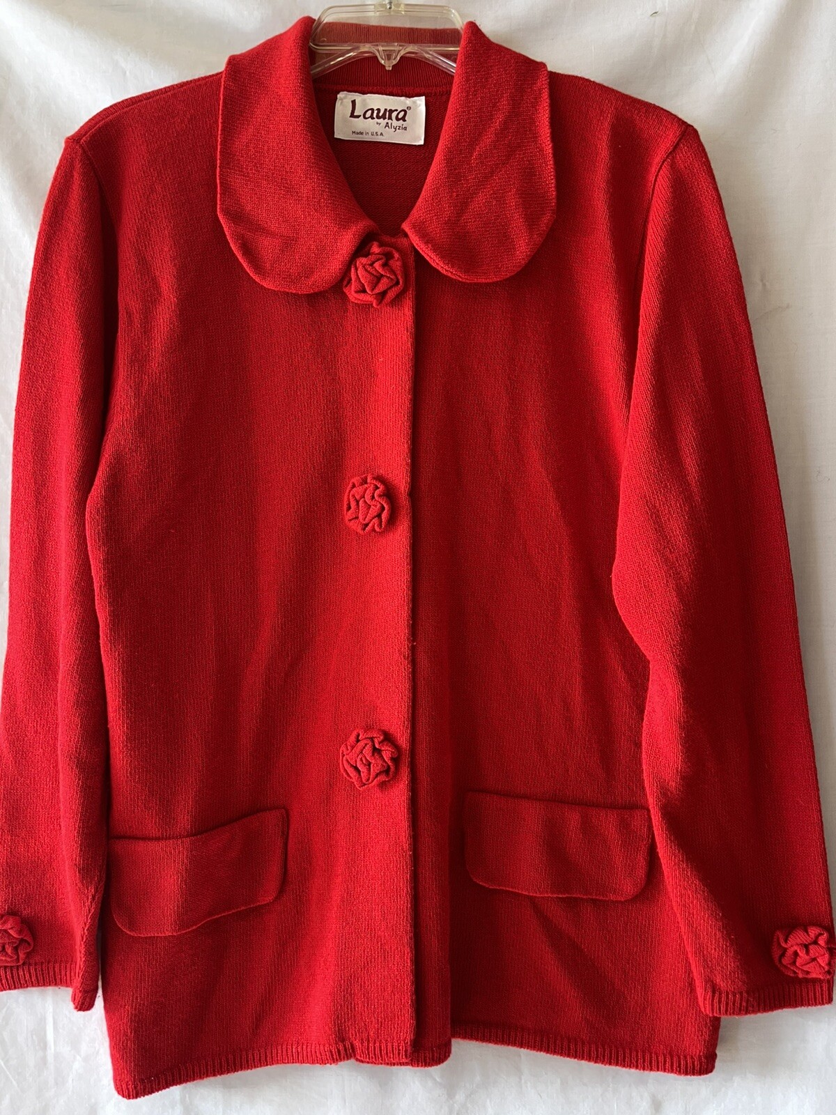 VINTAGE LAURA by ALYZIA, Women’s L Red Cardigan Sweater Knit Flower Accents