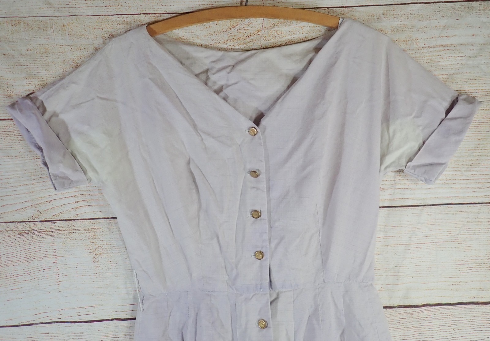 Vintage 80s Lavender Linen Blend Shirt Dress (S) Dolman Sleeve V-Neck Flare Midi