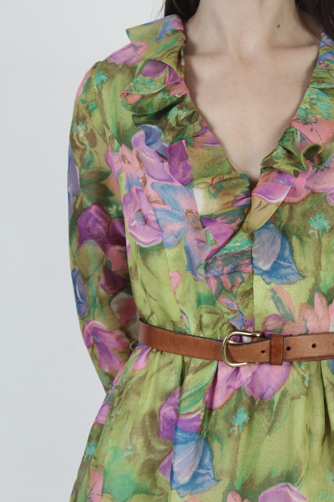 Vtg 60s Romantic Floral Dress Spring Pastel Garden Ruffle Knee Length Gown