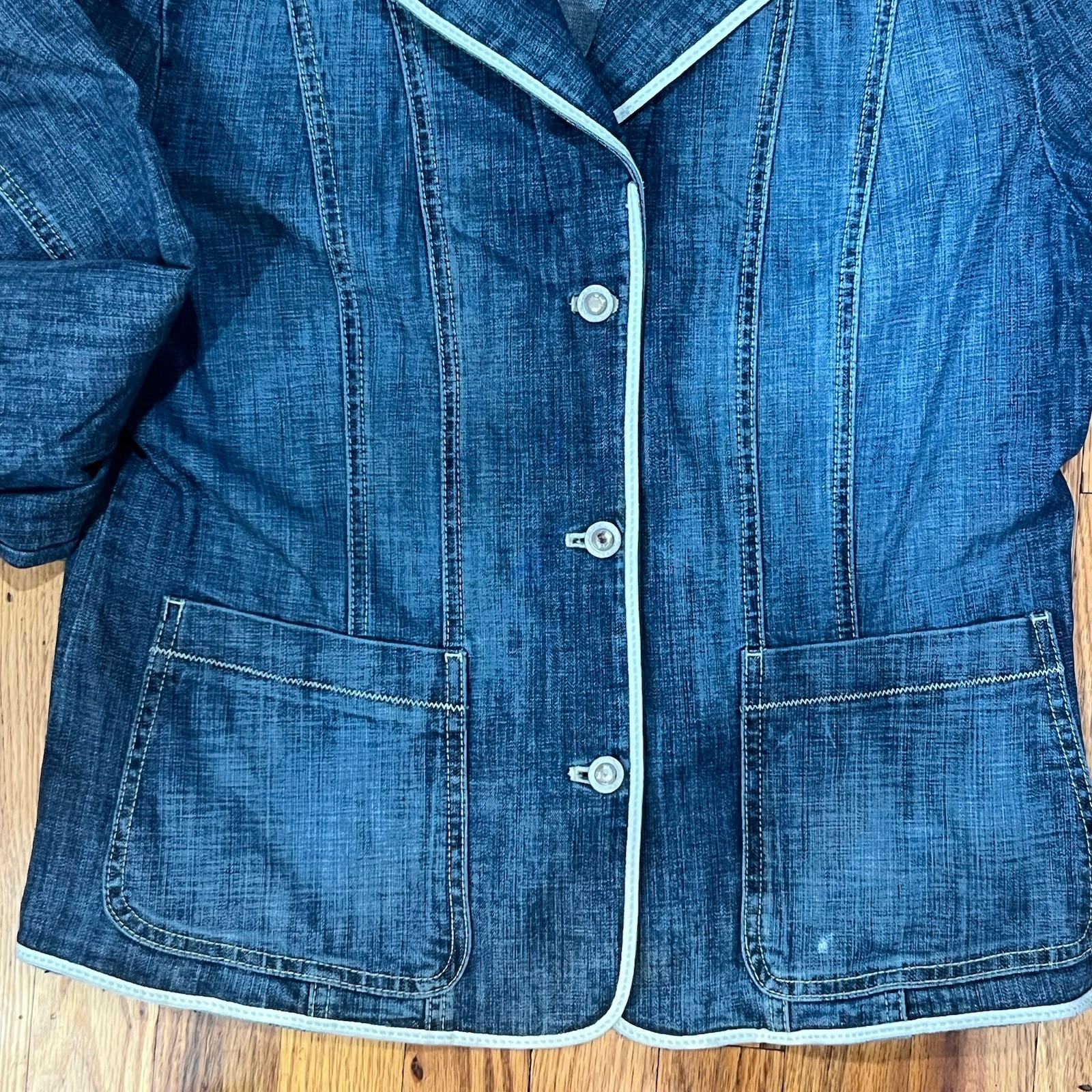 VTG Carol’s Denims Blazer Jacket L Blue Jean White Piping Preppy Cottagecore Y2K