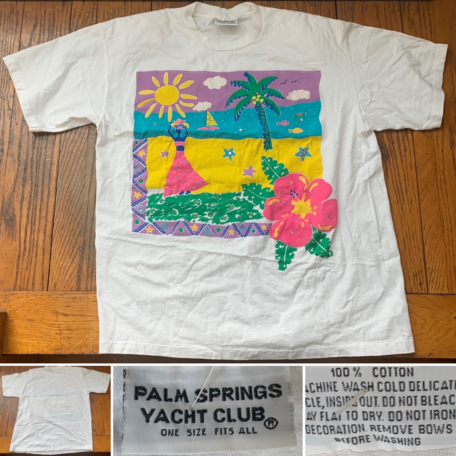 Vintage Palm Springs Yacht Club T Shirt Colorful Tropical Graphic Tee One Size