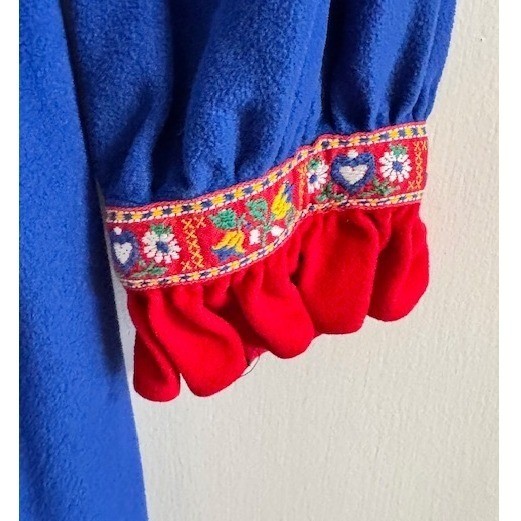 Vintage Lounge Craft Royal Blue Maxi Robe Red Ruffle Trim Long Sleeve Dress 70s