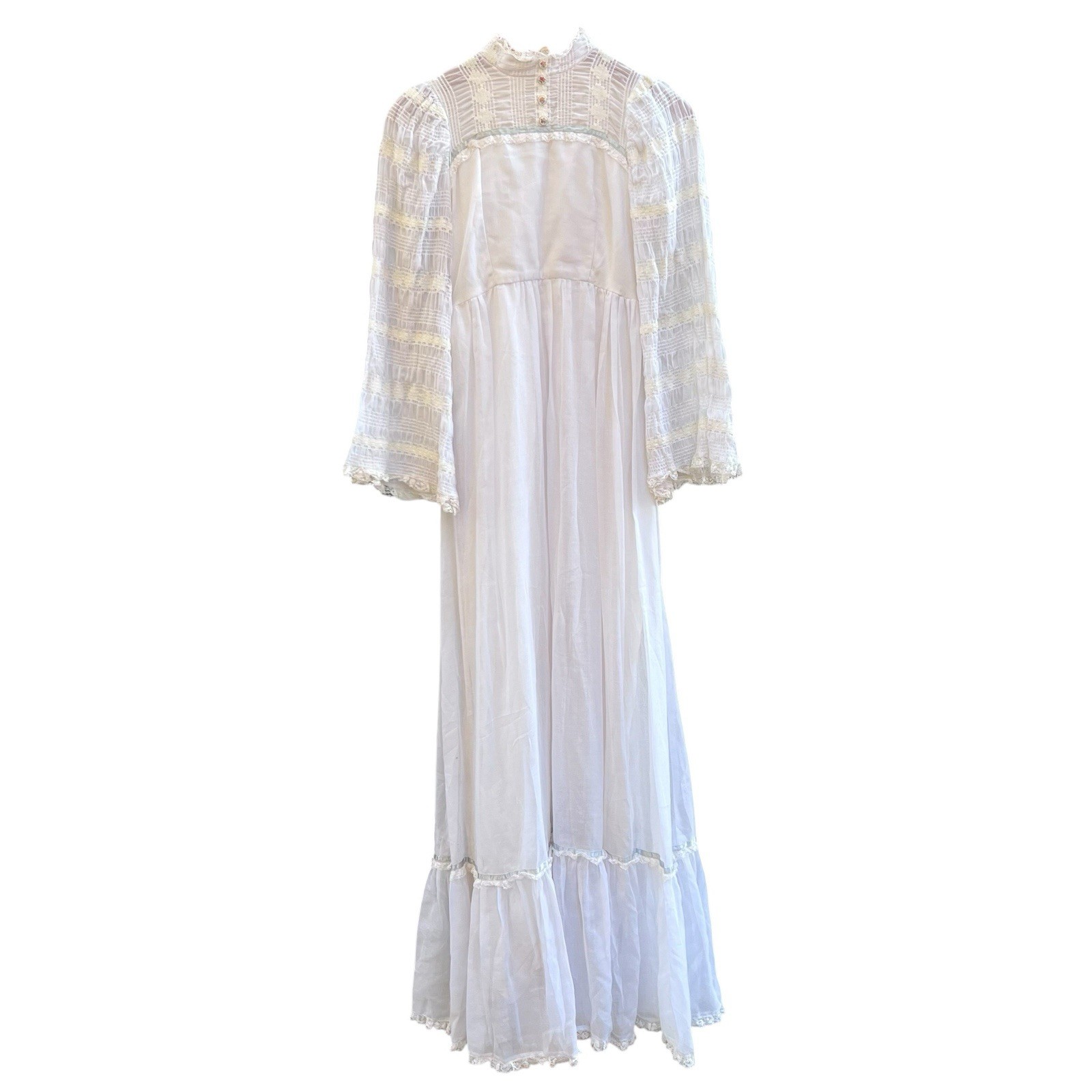 Vintage 70s Candi Jones California Prairie Maxi Dress White Lace Sheer Sleeve XS