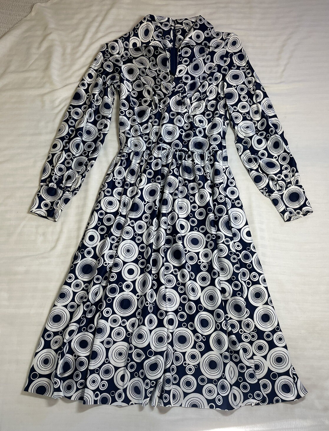 Vintage Women’s Robert David Morton Blue White Polka Dot Mod Midi Dress – Small