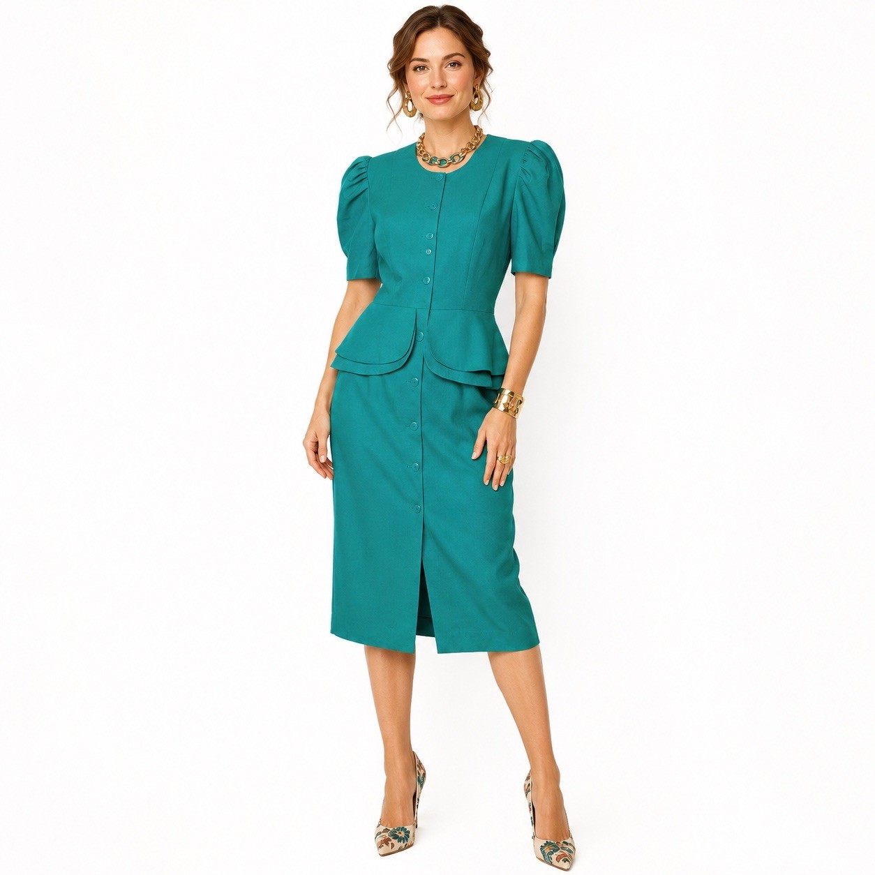 VTG 80s 90s Jessica Howard Teal Peplum Dress Womens SZ 14 Boss Office Secretary