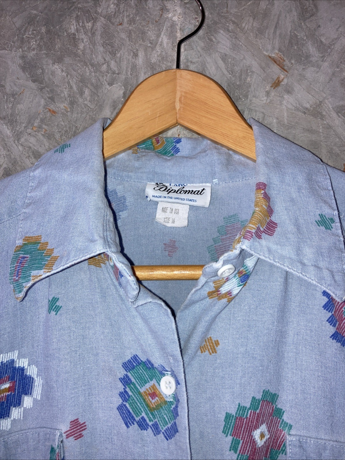 Vintage 90s Lady Diplomat Size 16 Blue Southwest Short Sleeve FAIR