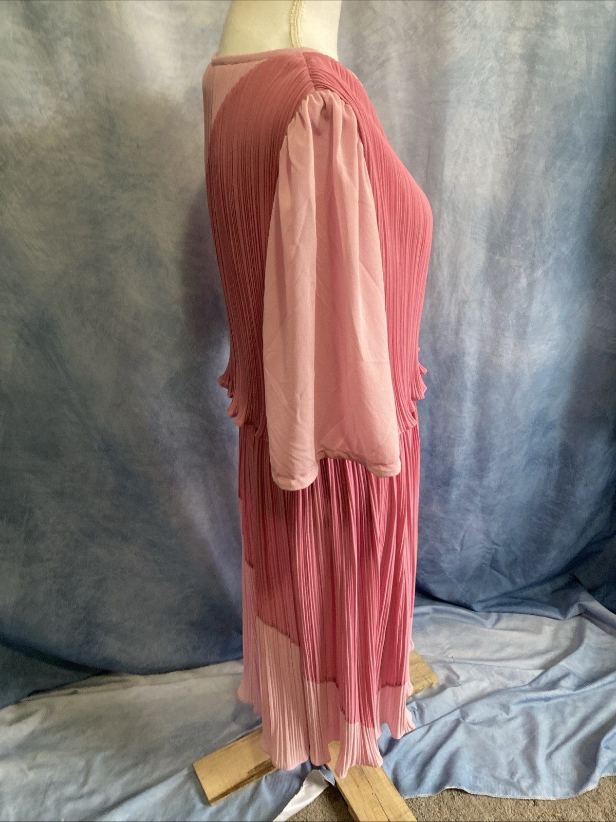 Vtg 70s Discovery Fashions Pleated Colorblock Dress Pink Plisse Disco Midi XS/S