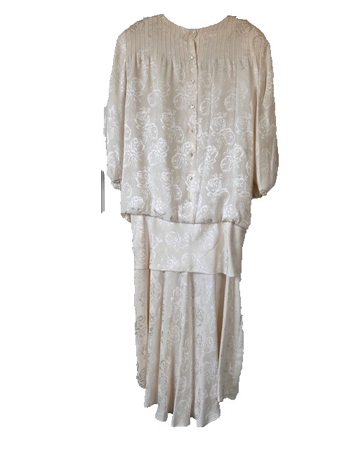 Jack Mulqueen Vtg 80’s Evening Dress Sz 8 Ivory Floral Jaquard Silk Drop Waist