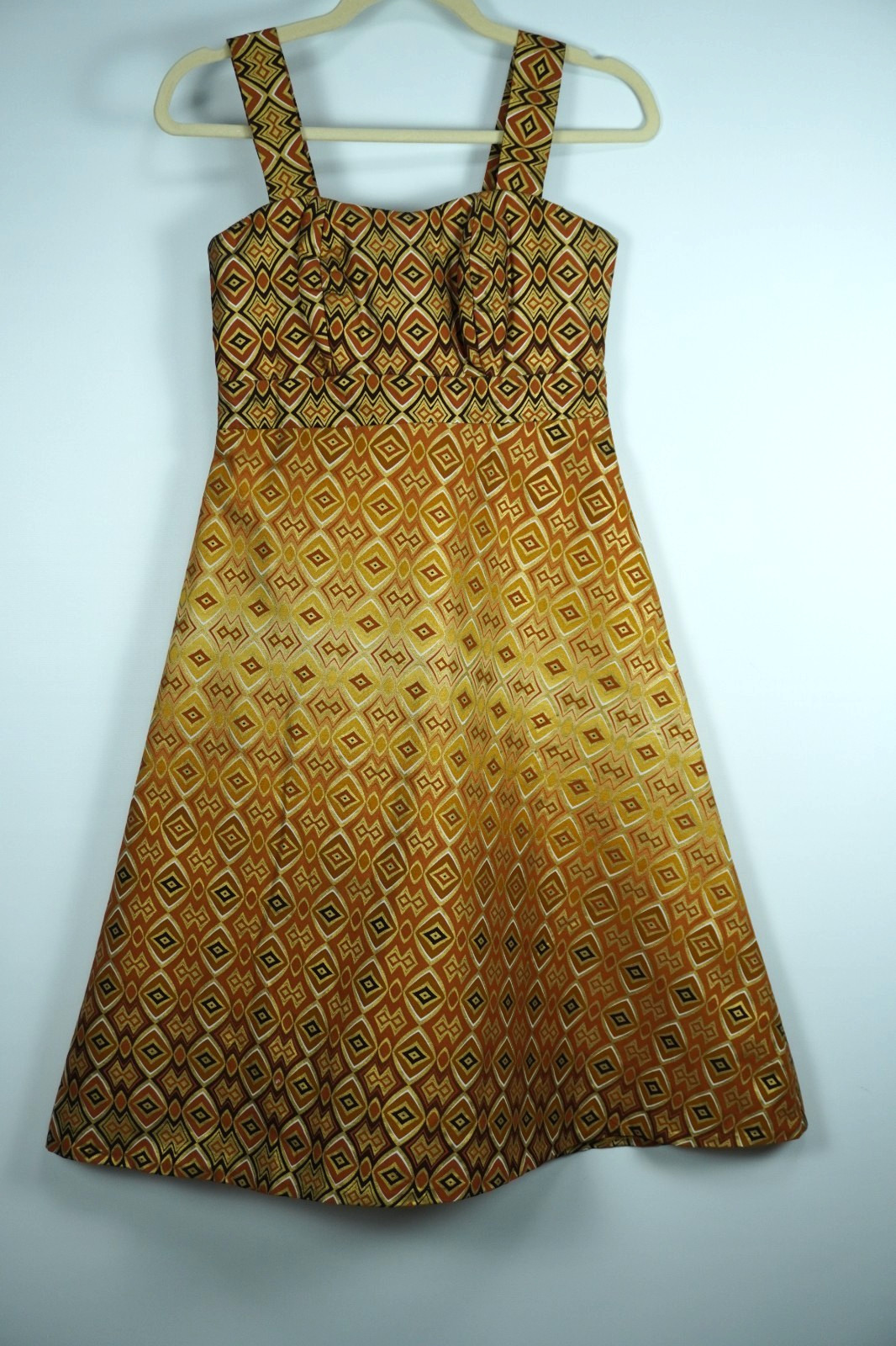 Retro 1960s Dress XS gold and brown boho retro empire style handmade Geometric