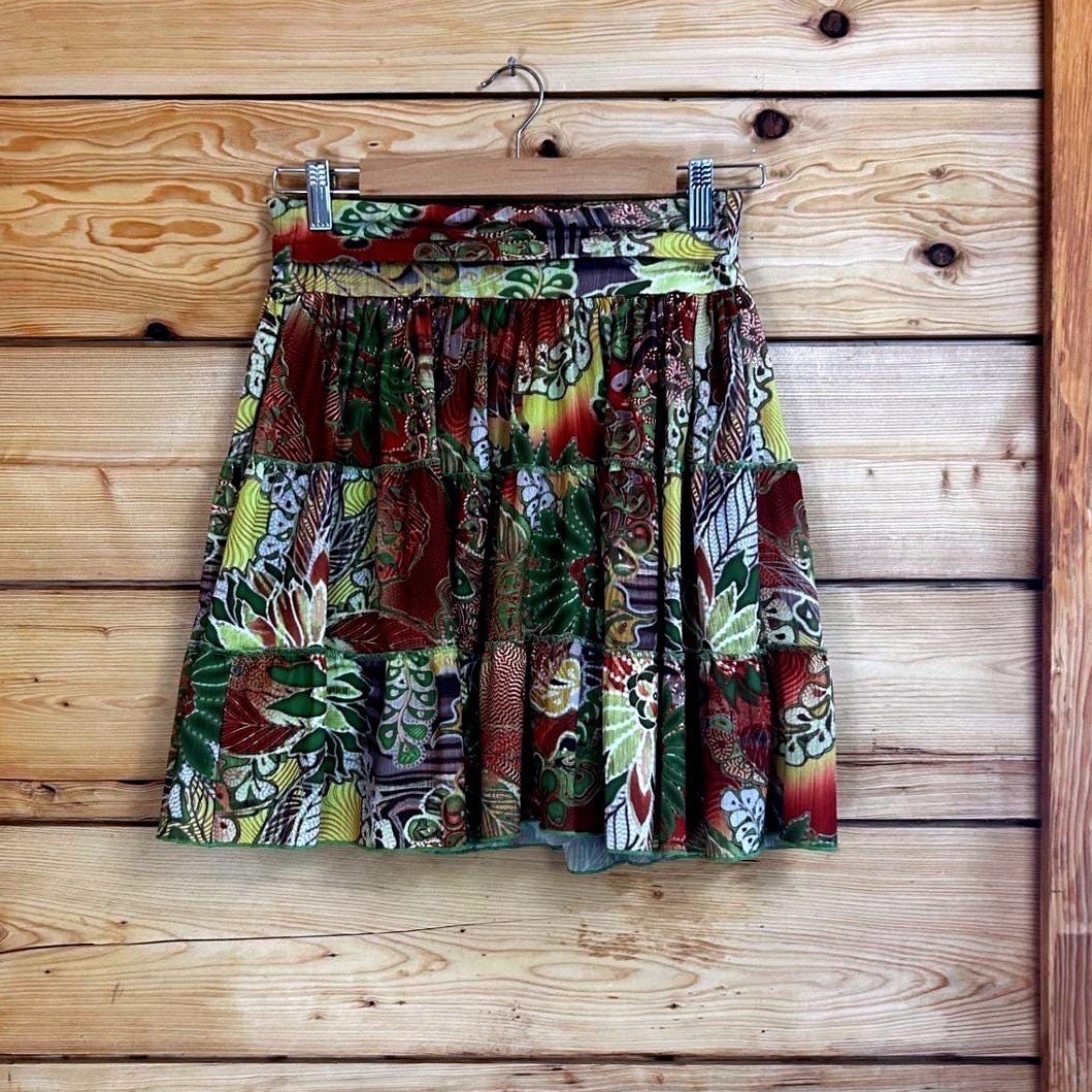 Vintage Mini Skirt Women Large Green Yellow Floral Boho Amy’s Closet Rare Unique