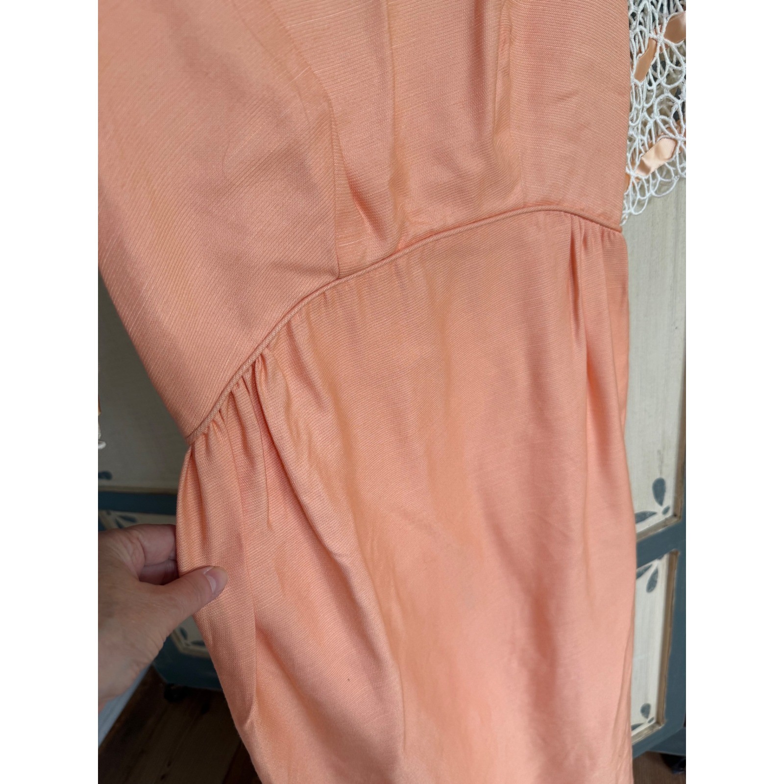 Vintage 60s Apricot Peach Empire Waist Maxi Dress Crochet Lace Ribbon Sleeve