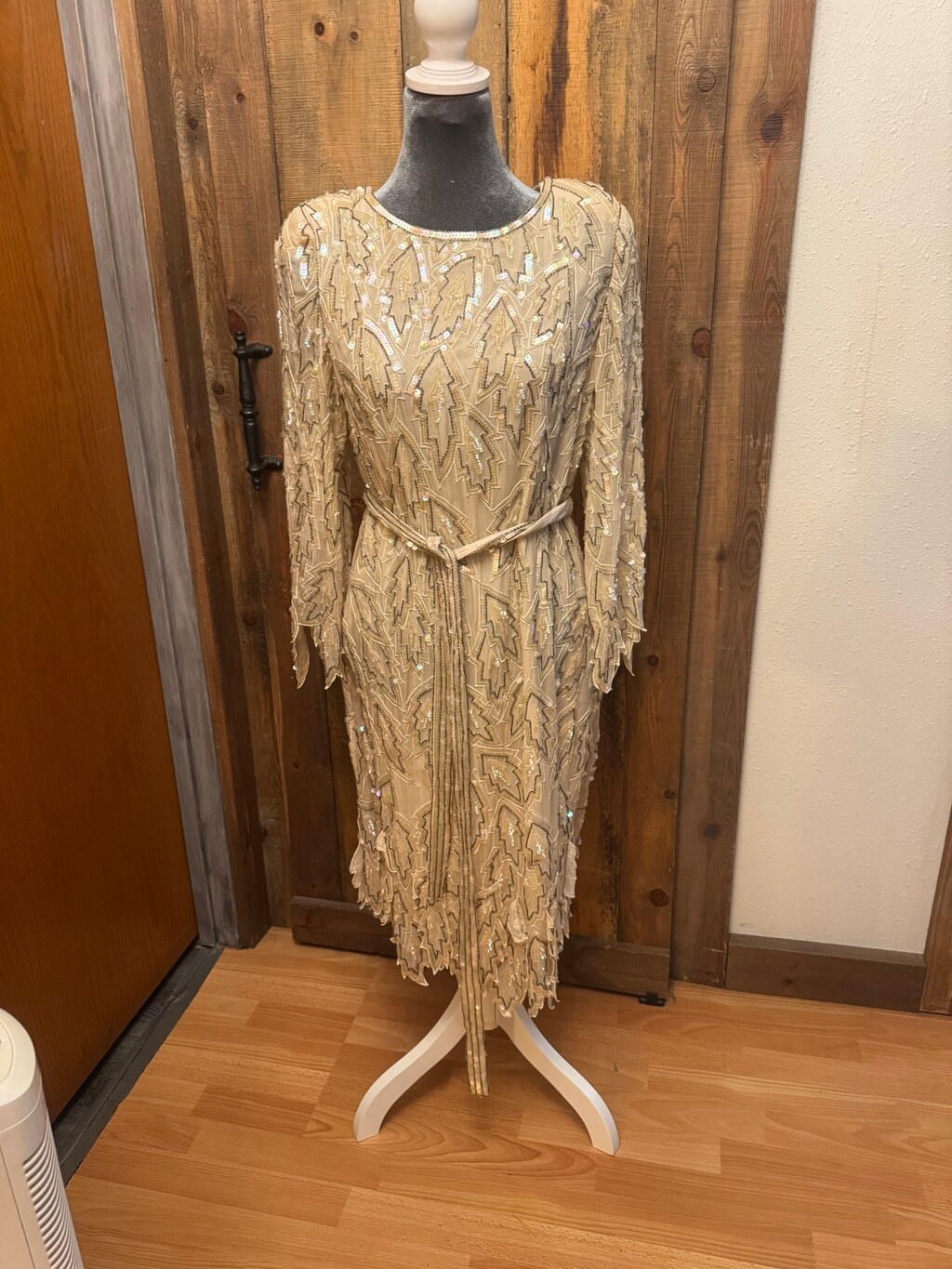 Vintage Champagne Gold Sequin Beaded Midi Dress Long Sleeve Tassel Belt Gala