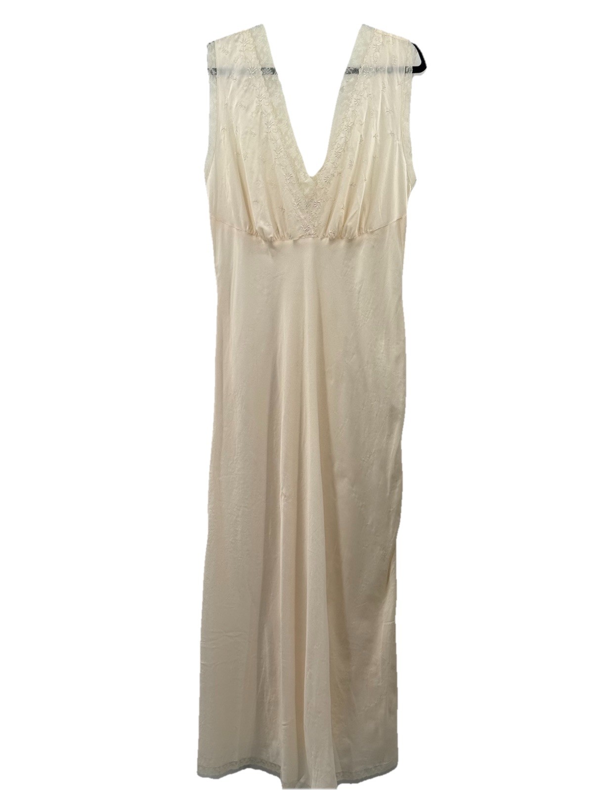 1940s Cream Satin Rayon Bridal Nightgown Lingerie V Front/Back Lace Trim No Tags